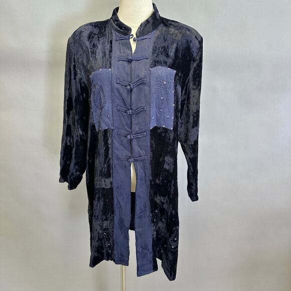 Lolette navy Rayon velour & jacquard mandarin collar tunic top size Large artsy - Picture 15 of 15
